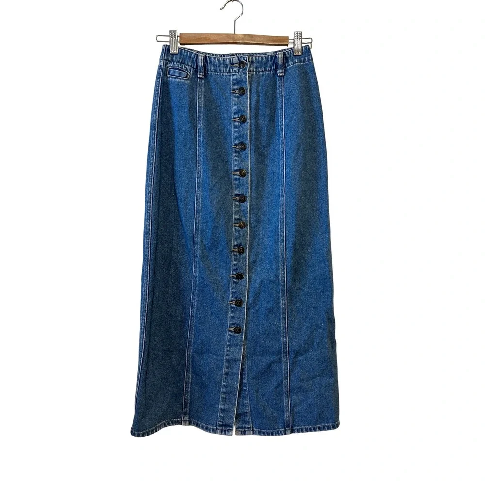 Vintage 90s Dockers Denim Maxi Skirt Size 6 Blue Button Front Cottage Western